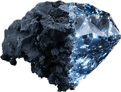 A lump of carbon, half raw coal, half cut diamond