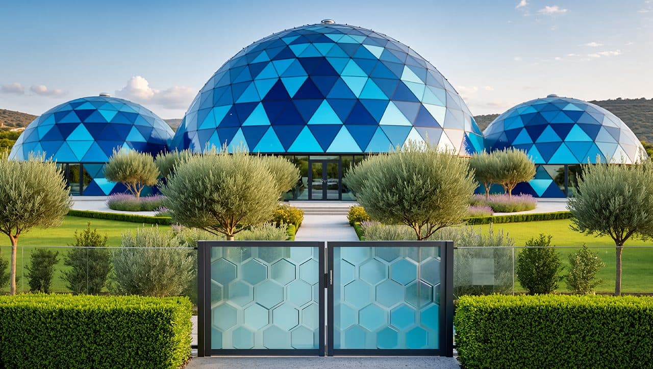 Three blue geodesic domes among olive trees — render of the Trinity Innovation Lab